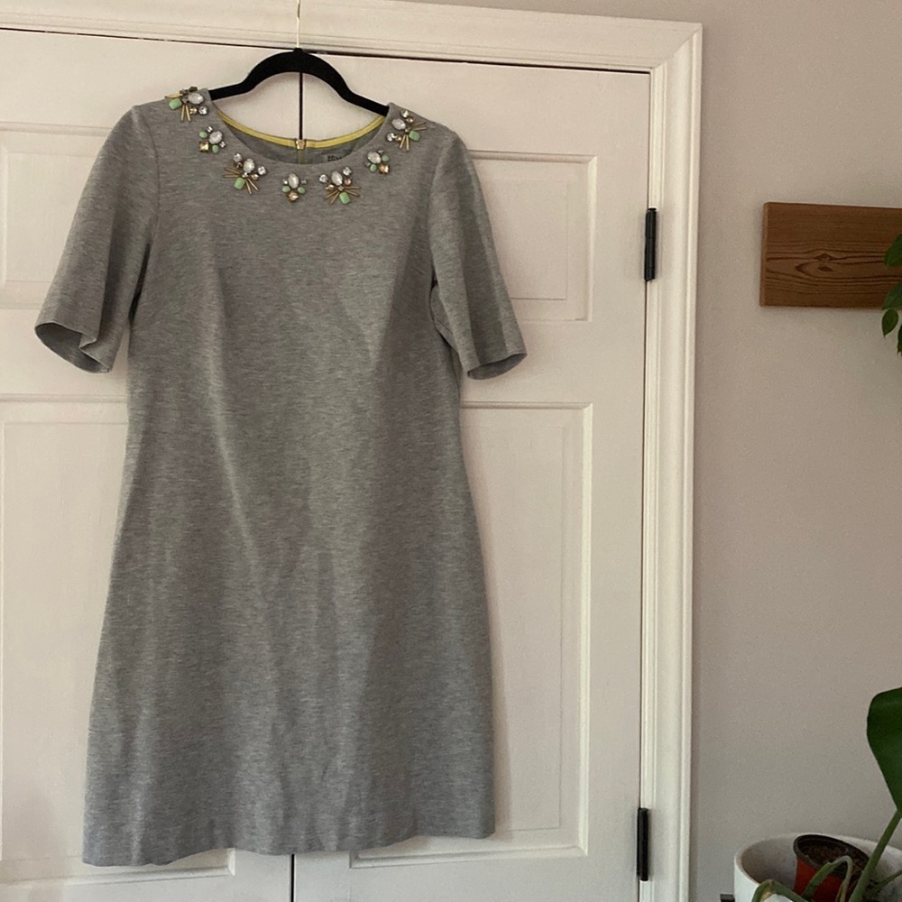 Eliza J‎ Embellished Ponte Shift Gray Dress 3/4 Sleeves Beaded Neckline Zipper
